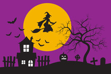 Witch Flying On Broomstick And Old Haunted House Silhouette In Front Of The Big Moon And The Purple Sky With Bats. Halloween Holiday Concept Vector Illustration