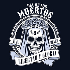 Poster - dia de los muertos celebration with woman skull and ribbon in black background