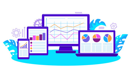 horizontal vector illustration of various computer, tablet, laptop and smartphone gadgets that show diagrams and graphs, application development, coding and programming on background of blue monstera