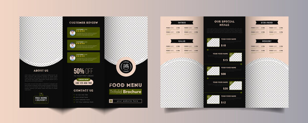 Wall Mural - Food trifold brochure menu template. fast food menu brochure for restaurant with black and green color