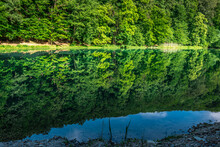 Landscape View Of The Artificial Lake. Reflection Of The Forest In The Water. Picnic Area Jankovec, Nature Park Papuk, Croatia.
