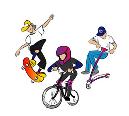 skateboard bmx scooter rider skatepark vector character isolated line art cartoon