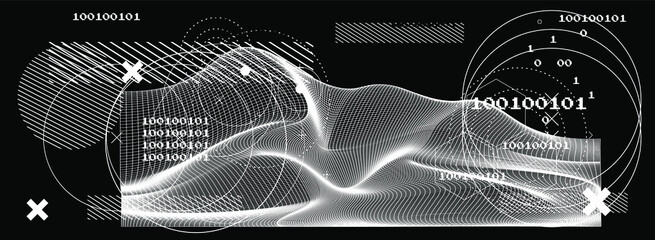 Aufkleber - Abstract technology background with warped and distorted grid. Vaporwave and synthwave style illustration like in old video arcade games.