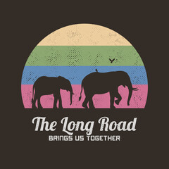 Sticker - Elephant family walking in tall grass. Retro illustration with animal mother and baby isolated silhouettes. Multicolor texture background. Romantic vector design for prints, t-shirts