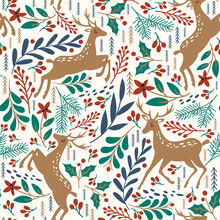 Seamless Pattern With Deer, Leaves And Branches. Winter Background. Vector