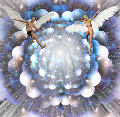 Wall Mural - figures of man and woman with angel wings. human soul in the center. multilayered space represents e