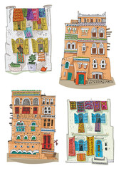 A set of traditional arabian, Yemen and Morocco architecture. Cartoon, caricature. Hand drawn traced to vector and colored sketch.