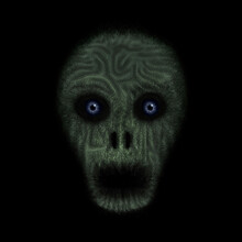 Green Patterned Alien Or Zombie Head With Blue Eyes On A Black Background, Digital Painting, Concept For Suspense And Horror.