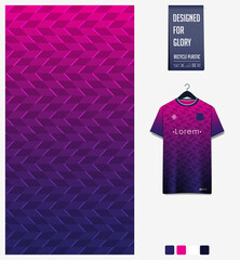 Fabric pattern design. Geometry pattern on violet background for soccer jersey, football kit, bicycle, e-sport, basketball, sports uniform, t-shirt mockup template. Abstract sport background. Vector 