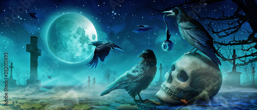 Fotografía Halloween Motiv mit Krähen auf dem Friedhof