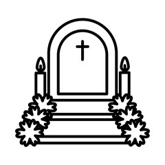 Sticker - mexican day of dead concept, grave with flower and candles, line style