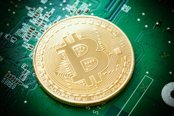 Canvas Print - Gold Bitcoin on green chipset. Close-up, macro shot.