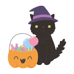 Wall Mural - happy halloween, black cat with hat pumpkin and candies