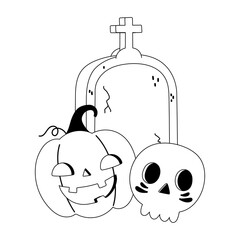 Canvas Print - happy halloween pumpkin tombstone and skull cartoon line style