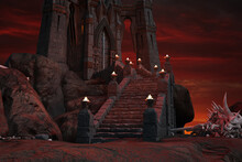 Dracula's Castle On A Mountain With Stairs Leading To Entrance, 3d Render.