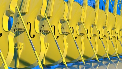 Ten classic yellow violins standing in line under blue background. 3D sketch design and illustration. 3D high quality rendering.