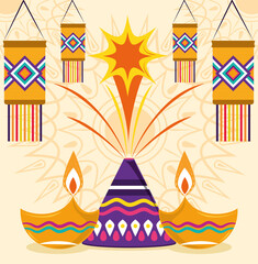 Poster - happy diwali festival, fireworks lanterns lamps lights celebration