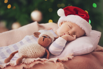 Sticker - Cute little baby in Santa hat sleeping at home