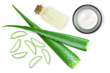 Aloe Vera Cosmetic Skincare Cream And Aloe Essential Oil Extract In Glass Bottle With Fresh Green Aloevera Leaf Isolated On White Background. Top View. Flat Lay.