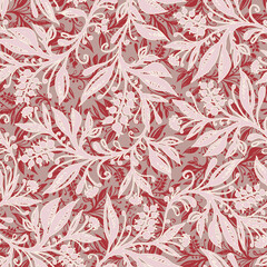  Floral seamless pattern with leaves and berries in wine red, pink and taupe colors, hand-drawn and digitized. Design for wallpaper, textile, fabric, wrapping, background.