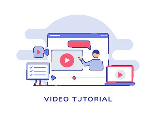 Wall Mural - Video tutorial concept video man presentation on display computer monitor white isolated background with flat style