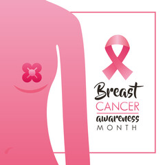 Canvas Print - breast cancer campaign lettering with pink ribbon and woman body silhouette