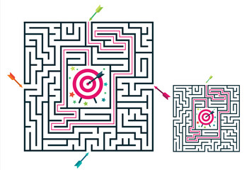 Wall Mural - Square maze labyrinth game for kids. Labyrinth logic conundrum with target and arrows. Four entrance and one right way to go. Vector flat illustration isolated on white background.