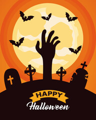 Poster - happy halloween celebration lettering with hand death in cemetery