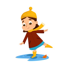 Sticker - Cute Girl Jumping in Puddle Wearing Rubber Boots, Happy Kid Playing Outdoors in Autumn Cartoon Style Vector Illustration