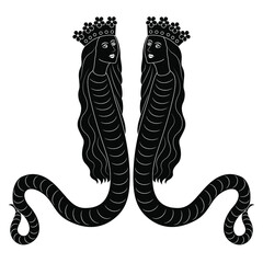 Symmetrical decor with two fantastic lady snakes in royal crowns. Lilith or Melusine. Medieval art. Black and white silhouette.