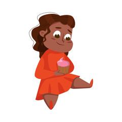 Sticker - Overweight Chubby Girl Eating Cupcake, Cheerful Fat Unhealthy Kid Character Cartoon Style Vector Illustration