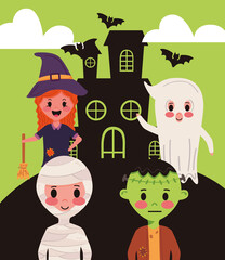 Poster - little group of kids with halloween costumes characters in house haunted