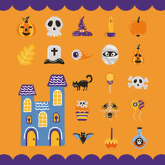 Poster - bundle of halloween set icons and haunted castle