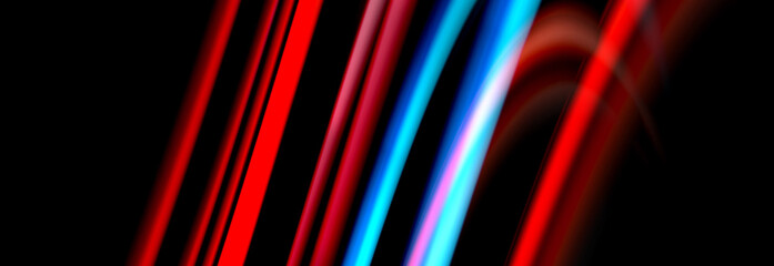 Dynamic motion abstract background. Color blurred stripes on black. Wave liquid lines poster. Vector illustration