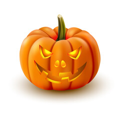 Realistic halloween pumpkin with glowing eyes isolated on white background. Vector illustration.