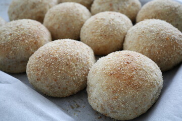 Fresh baked pandesal close up.