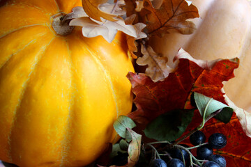 Fruits and vegetables with pumpkins in autumn vintage still life. Dark