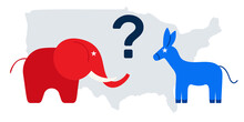 Presidential Election In USA 2020 Design Template. Donkey And Elephant Symbols Of Political Parties In America. Vector Illustration Of Vote