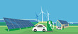 Renewable energy landscape. Sun park with solar cells and wind mills generating sustainable electricity. Electric vehicles and private house producing electricity.