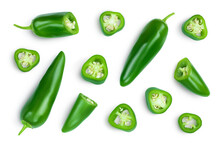 Jalapeno Peppers Isolated On White Background. Green Chili Pepper With Clipping Path. Top View. Flat Lay