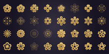 Big Vector Collection Of Sakura Flowers Icons. 32 Japanese Cherry Blossom Symbols Isolated On Dark Background.