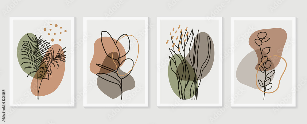 Botanical wall art vector set. Earth tone boho foliage line art drawing ...