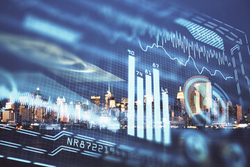 Fototapete - Double exposure of technology theme hologram and cityscape background. Concept of Hightech.