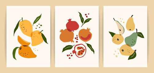 Collection of contemporary art prints. Abstract fruits. Mango, pomegranate and pear.