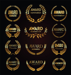 golden award signs with laurel wreath isolated on black background