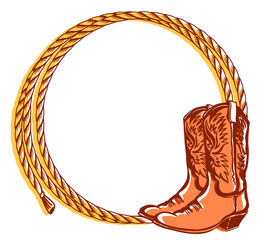 Wall Mural - Cowboy rope frame with Western cowboy boots. Vector illustration cowboy background for text