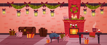 Christmas Holiday Room Interior With Fireplace, Stockings, Sleeping Cat, Table, Presents. Winter Vector House Indoor Background With Red Chimney, Gifts,wreath. Decorated Christmas Room With Brick Wall
