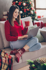 Sticker - Photo of young pretty woman sit sofa hold netbook mug drink wear red sweater jeans in decorated x-mas living room home indoors