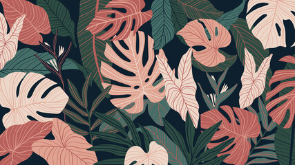 Tropical forest art deco wallpaper. Floral pattern with exotic flowers and leaves, split-leaf Philodendron plant ,monstera plant, Jungle plants line art on trendy background. Vector illustration..