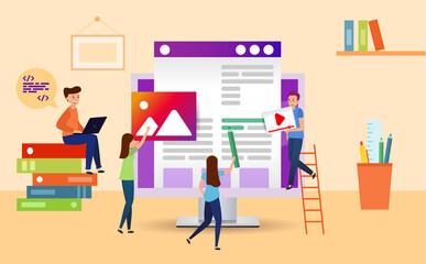 Wall Mural - on the desktop, little men draw and create a landing page. on the table books, a computer, a cup wit